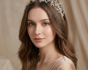 Gold Crystal Bridal Headband | Pearl Floral Wedding Hairpiece