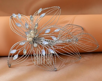 Opal Bridal Hair Comb, Leaf Rhinestone Wedding Headpiece, Crystal Bride Accessory
