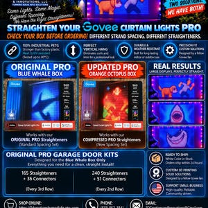 May include: An informational graphic for Govee Curtain Lights Pro straighteners, featuring two product box versions: the Blue Whale Box and the Orange Octopus Box. It details 3D-printed PETG straighteners, connector counts, and installation kits.