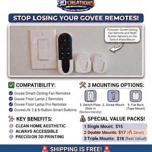 May include: A white 3D-printed wall mount for Govee remotes and sensors, shown next to a light switch. The mount holds a black remote and two white sensors. Text includes STOP LOSING YOUR GOVEE REMOTES, COMPATIBILITY, and 3 MOUNTING OPTIONS.