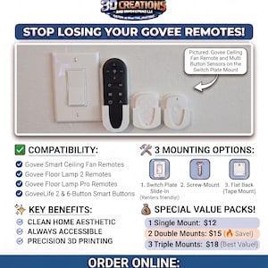May include: A white switch plate with a black remote control and two white sensor mounts. The image includes text that reads "STOP LOSING YOUR GOVEE REMOTES!" and details compatibility and mounting options for Govee remotes.