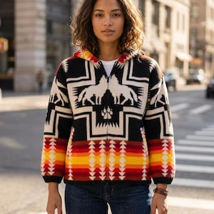 May include: A zip-up hooded jacket featuring a black, white, and multi-colored geometric pattern. The design includes white wolf silhouettes, a central paw print, and horizontal bands of red, orange, and yellow at the hem and cuffs.