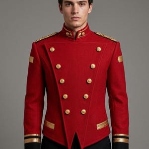 May include: A vibrant red military-style jacket featuring a high collar, double-breasted front with gold-toned buttons, gold epaulettes on the shoulders, and black cuffs with gold horizontal stripes. The jacket has a structured fit and gold trim.