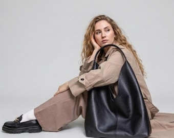 Slouchy läderväska, svart damväska, stor kontorsväska, tote-väska för vardagsbruk