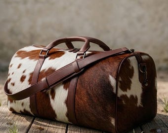 Luxury Cowhide Leather Duffel Bag | Hair On Hide Weekender Travel Bag | Handmade Unisex Western Leather Bag