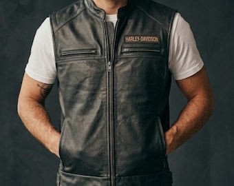 Genuine  Leather Biker Vest: Embroidered Genuine Leather Motorcycle Vest