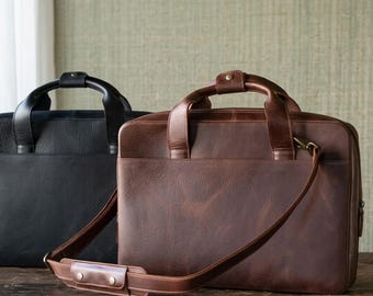 Bolso de viaje de piel de grano superior para portátil de 16”, maletín, cartera, portátil, tableta, bandolera.