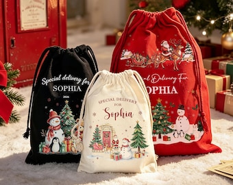 Sacco di Babbo Natale personalizzato, grande sacco di Natale, sacco di giocattoli natalizi personalizzato con iniziale del nome, sacchetti regalo di Natale, regali per il primo Natale.