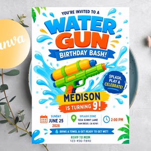 May include: A birthday party invitation flyer featuring a green and yellow water gun graphic, blue water splashes, and the text: YOU'RE INVITED TO A WATER GUN BIRTHDAY BASH! MEDISON IS TURNING 9! SPLASH, PLAY & CELEBRATE! SUNDAY JUNE 25 2026, 2:00 PM, 1234 SUNNY LANE.