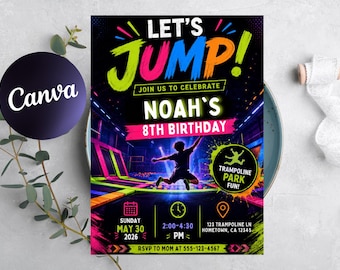 May include: A rectangular birthday invitation card featuring a black background with neon text that reads LET'S JUMP! JOIN US TO CELEBRATE NOAH'S 8TH BIRTHDAY. The design includes a silhouette of a person jumping in a trampoline park and event details.