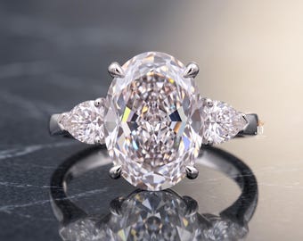 Oval Lab Grown Diamond Ring | Pear Side Stones, White Gold Trilogy Setting | Women's Jewelry