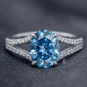 Blue Oval Lab Diamond Engagement Ring | Split Shank Pave Band, VVS1 Clarity, Bridal Jewelry