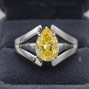 Pear Cut Yellow Gemstone Ring | Modern Split Shank Silver Band, Canary Yellow Statement Jewelry