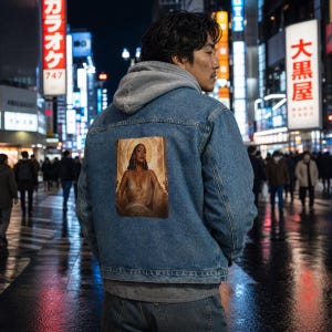 ゴールデンゴッデスデニムジャケット、ヴィンテージアートバックパッチ、ステートメントファッションギフト