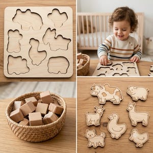 Peut inclure: Un plateau de puzzle en bois clair avec des découpes en forme d'animaux, un panier tressé rempli de petits cubes en bois et six figurines d'animaux en bois, dont une vache, un cochon, une chèvre, un lama, un canard et un chien.