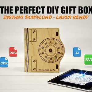 May include: A wooden DIY gift box with a combination lock design. The box is made of light-colored wood and features a circular dial with numbers and a central knob. The text "THE PERFECT DIY GIFT BOX" and "INSTANT DOWNLOAD - LASER READY" are at the top.