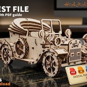 Könnte beinhalten: Ein detailliertes Holzmodell eines Oldtimer-Ford, mit lasergeschnittenen Details. Das Modell umfasst Räder, Scheinwerfer und ein Cabrioverdeck. Der Text "BEST FILE with PDF guide" und "CNC Files Instant download" ist ebenfalls zu sehen.