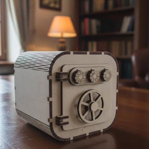 Peut inclure: Une boîte en bois en forme de coffre-fort, avec une serrure à combinaison et une poignée circulaire. La boîte est en bois clair avec des accents de bois plus foncés. Elle est posée sur une table en bois.