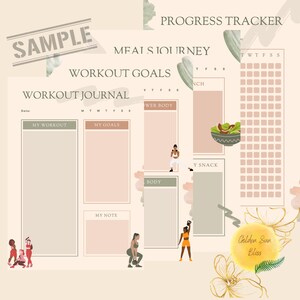 Puede incluir: Un diario de entrenamiento beige con secciones para objetivos de entrenamiento, comidas y seguimiento del progreso. El diario incluye ilustraciones de mujeres haciendo ejercicio y el texto "Workout Journal", "Progress Tracker" y "Sample".