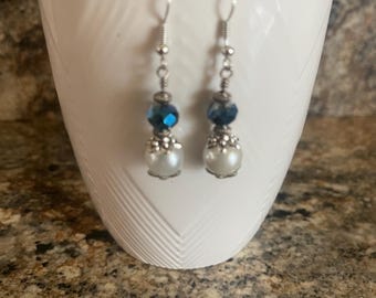 Sapphire Faceted Glass Rondel with White Pearl Dangles.