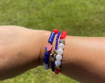 Fourth of July Set of Three Bracelet Red,Blue and White with a USA Flag