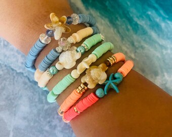 Beach Sea Turtle and Starfish Heishi Beads Strech Bracelets