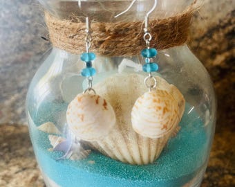 Sea Shell Dangle Earrings with Blue Matte Beads
