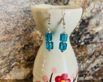 Blue Glass Cube Earrings.