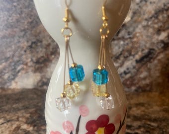 Gold Drops Cubes Blue,Light Yellow and Clear Glass Earrings