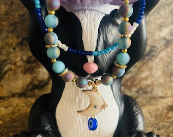 Blue Frosted Glass Bead Double Bracelet with Moon and Evil Eye Charm