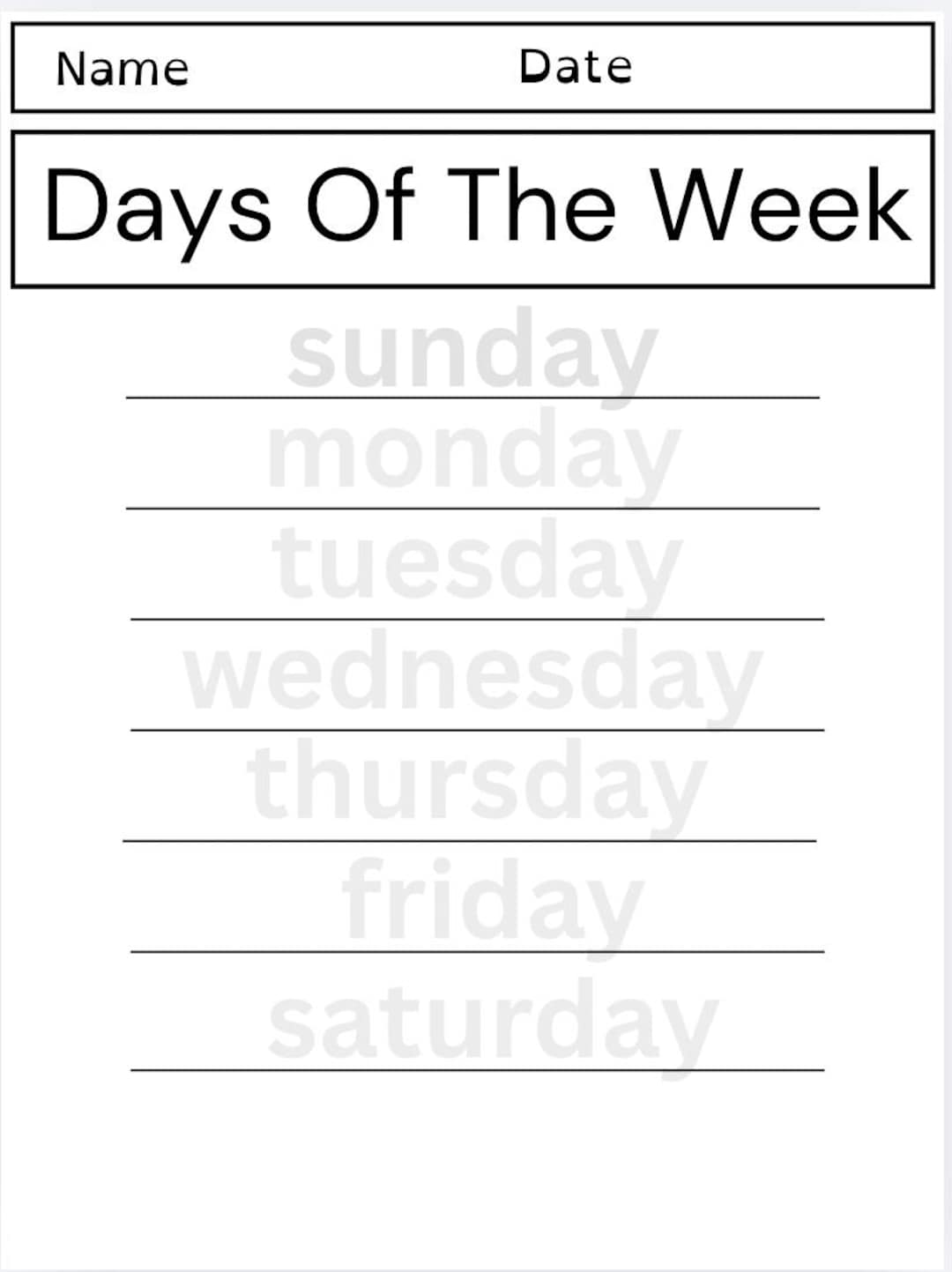 Week Days Writing Days of the Week Writing Practice (digital Print) - Etsy