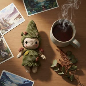 Può includere: Una bambola all'uncinetto fatta a mano, con un vestito verde bosco, cappello abbinato e dettagli a forma di fungo. Accanto alla bambola, una tazza di caffè fumante, cartoline e foglie secche creano una scena accogliente e stravagante.