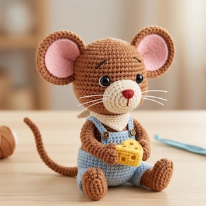 May include: A crocheted mouse doll with large brown ears lined with pink. The mouse wears blue overalls, a white bandana, and holds a yellow cheese wedge. The doll has black eyes, a beige snout, and a red nose. The tail is brown.