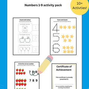 May include: A white activity pack titled "Early maths fun!" with "Numbers 1-9 activity pack" text. It includes counting exercises, tracing numbers, and a certificate of achievement. A yellow pencil is placed on the page. The pack has over 10 activities.