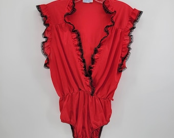Vintage Sleep-Mates of New York Red Nylon Lace Ruffle Bodysuit Medium ILGWU USA
