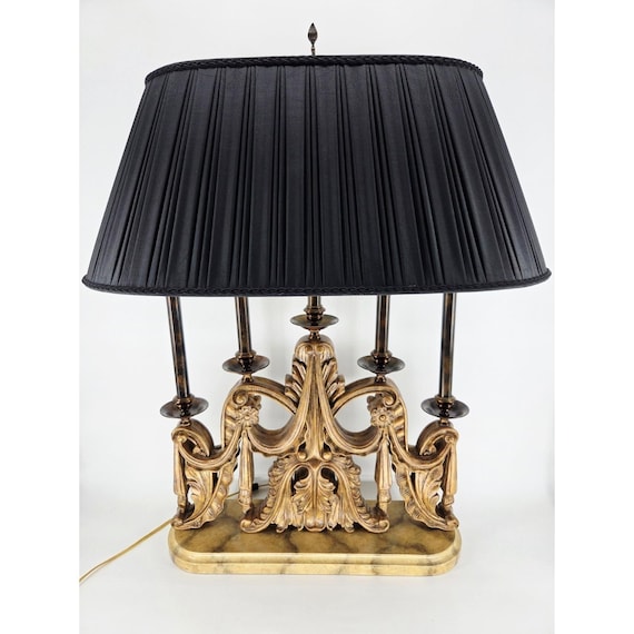 Vintage Maitland Smith Bouillotte Table Lamp Ornate Gold Candelabra Black Shade