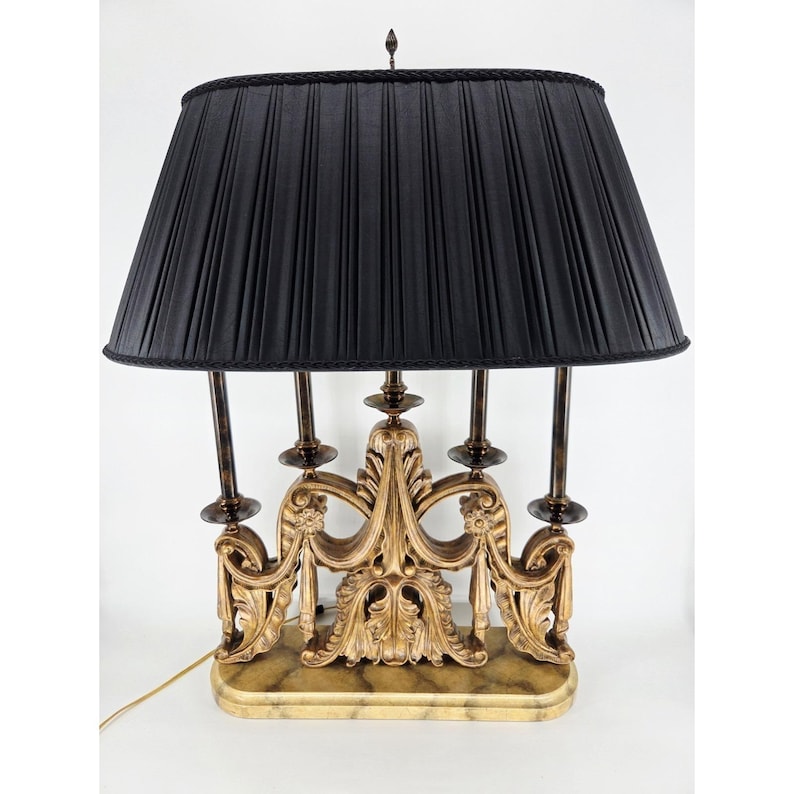 Vintage Maitland Smith Bouillotte Table Lamp Ornate Gold Candelabra Black Shade image 1