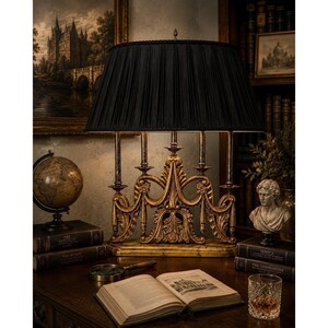 Vintage Maitland Smith Bouillotte Table Lamp Ornate Gold Candelabra Black Shade image 3