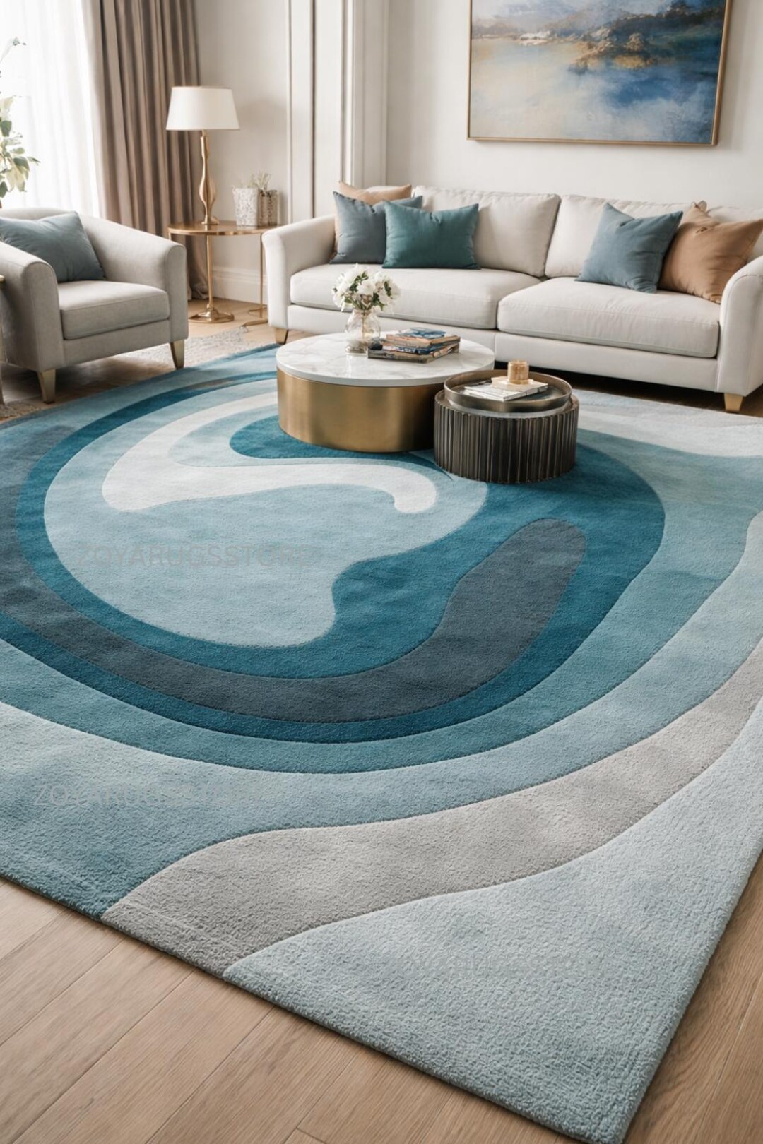 Hand Tufted Wool Abstract Blue Wave Area Rug, Luxury Living Room Carpet ...