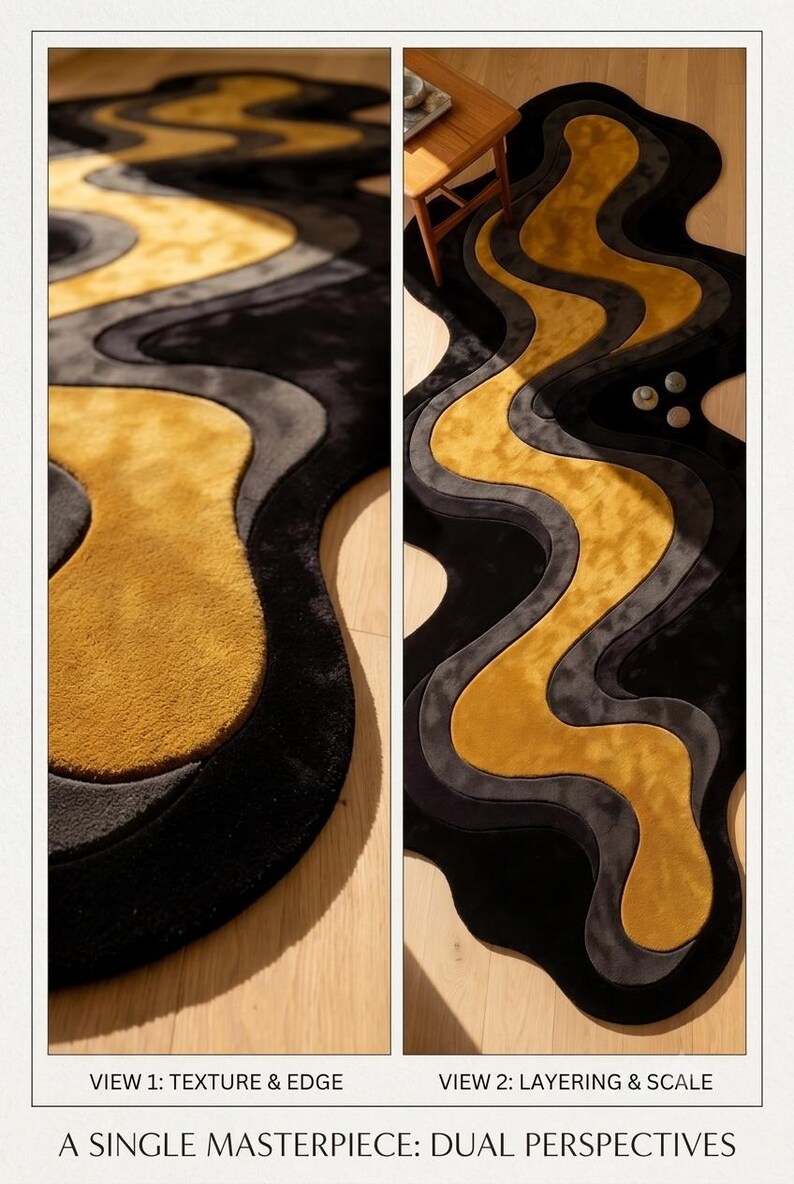 Abstract Wavy Runner Rug | Black & Mustard Yellow Hand-tufted Wool ...