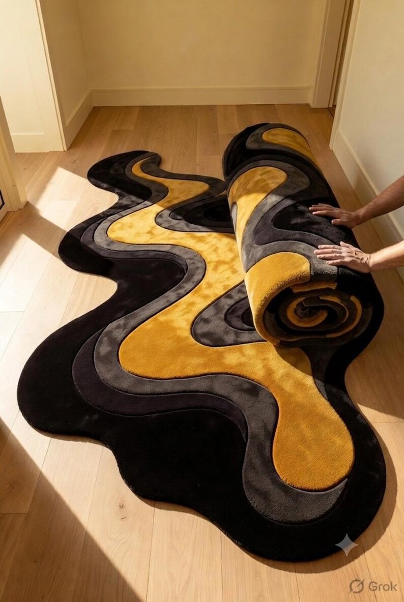 Abstract Wavy Runner Rug | Black & Mustard Yellow Hand-tufted Wool ...