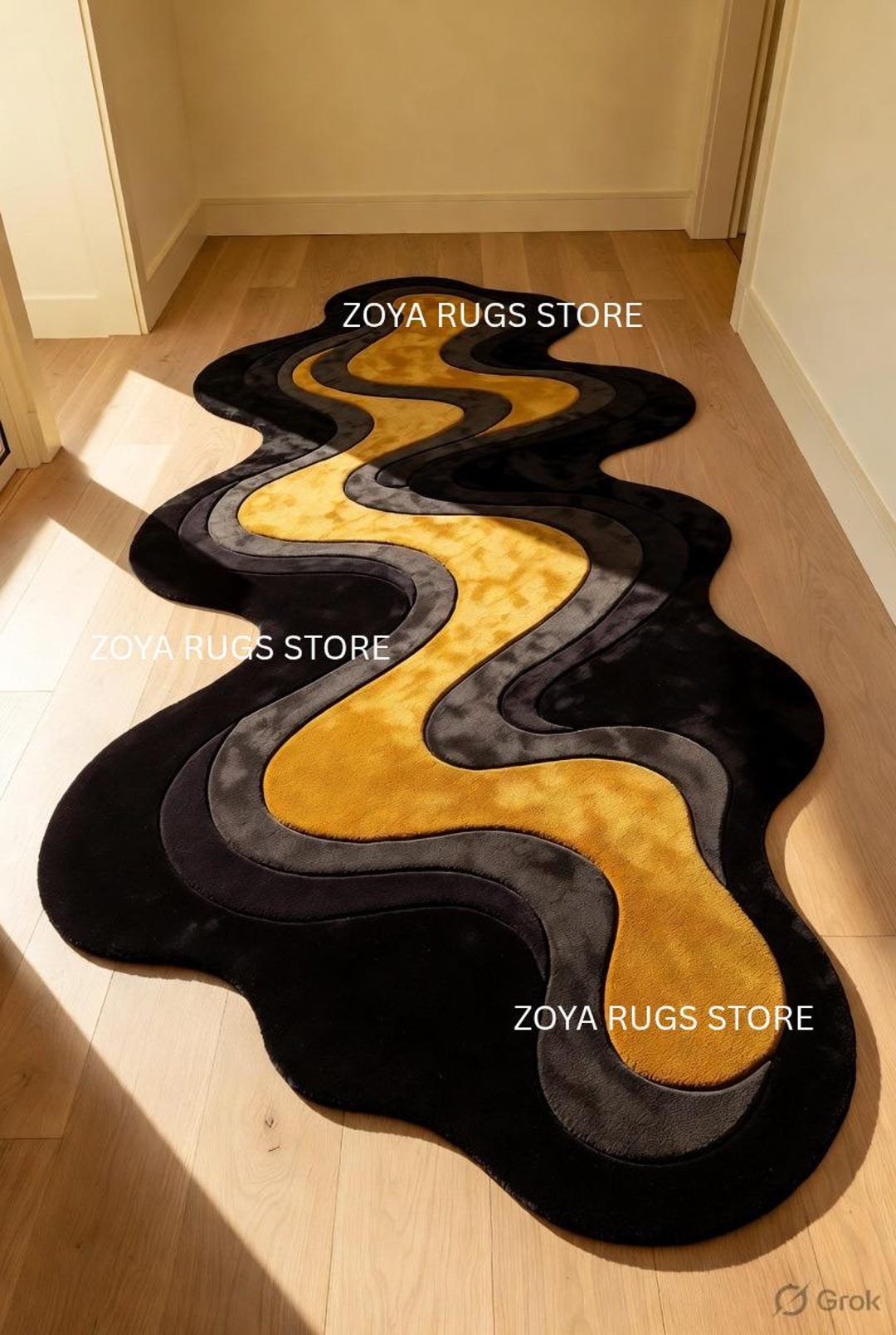 Abstract Wavy Runner Rug | Black & Mustard Yellow Hand-tufted Wool ...