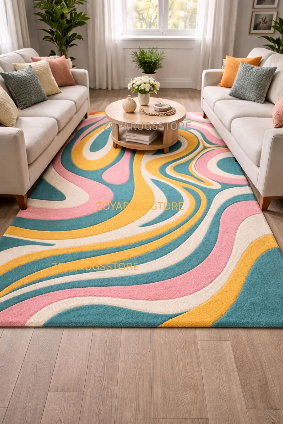 Hand Tufted Abstract Wavy Rug, Pastel Pink Teal Mustard Carpet ...