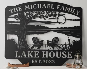 Custom Family Sunset Lake House Metal Sign,Rustic Waterfront Cabin Wall Decor,Personalized Lake Cabin Wall Art,Custom Lakeside Scene Sign