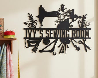 Custom Sewing Room Sew Machine Metal Sign,Personalized Floral Sew Tool Wall Sign,Tailor Craft Room Wall Decor,Dressmaker Sew Room Wall Sign
