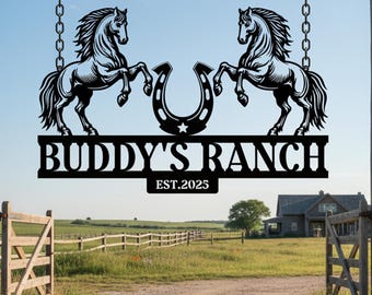 Custom Two Horse Horseshoe Ranch Metal Sign,Horse Farm Entrance Decor,Horse Ranch Metal Wall Sign,Outdoor Metal Horseshoe Ranch Hanging Sign