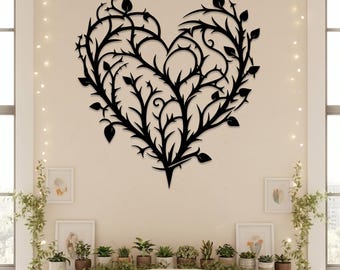 Heart Thorn Wall Art,Romantic Heart Wall Decor,Heart Vine Metal Wall Decor,Leaf Vine Wall Art,Nature Inspired Wall Decor,Heart Wall Decor