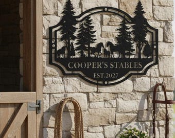 Custom Horse Stable Metal Sign,Pine Tree Horse Family Ranch Wall Sign,Western Equestrian Farm Decor,Personalized Metal Stable Wall Sign