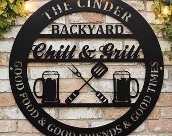 Custom Backyard Grill Metal Sign,Personalized BBQ Beer Utensil Wall Sign,Metal Chill & Grill Patio Outdoor Decor,Family Backyard BBQ Sign