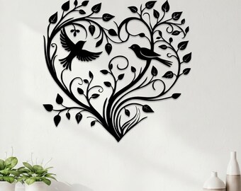 Heart Vine Wall Art,Romantic Bird Wall Decor,Nature Inspired Metal Art,Birds In Vine Design Decor,Rustic Bird Wall Decor,Boho Heart Wall Art